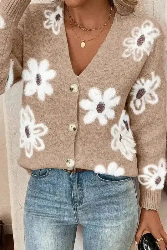 Floral Soft Knit V-Neck Cardigan
