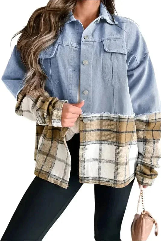 Plaid Fusion Oversized Denim Jacket