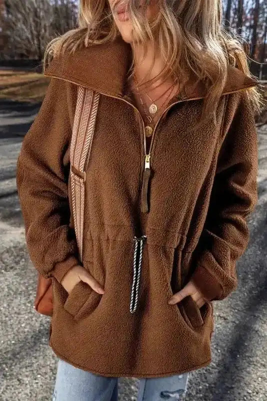 Cozy Brown Half-Zip Fleece Pullover Jacket