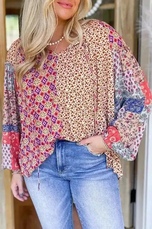 Floral Fusion Tied V-Neck Blouse