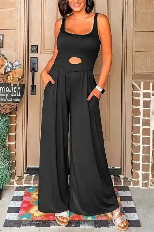 Peekaboo Wide Leg Jumpsuit - Black Square Neck Sleeveless