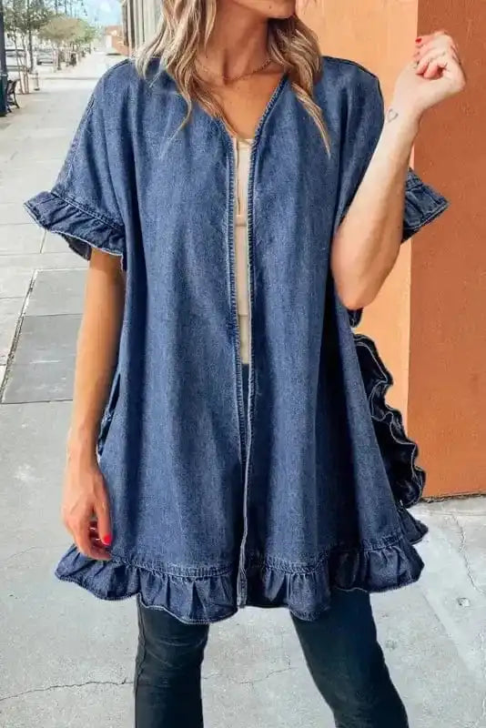 Ruffled Elegance Chambray Kimono