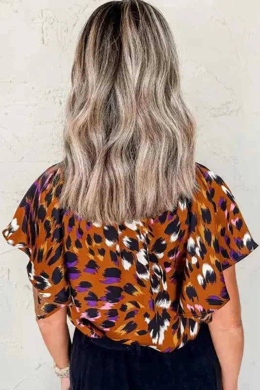 Leopard Draped Blouse - Short Sleeve