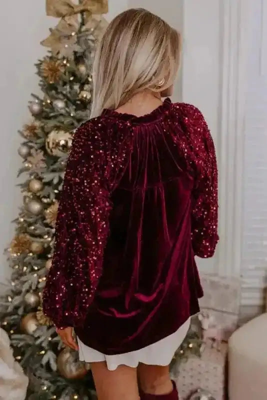 Red Dahlia Sequin Sleeve Velvet Top