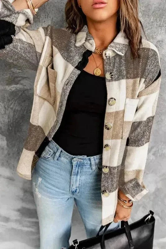 Plaid Color Block Button Down Jacket