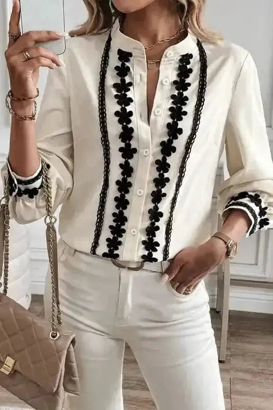 Embroidered Stand Neck Shirt - Off White