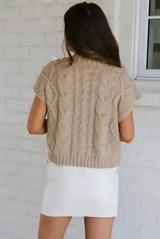 Chic Taupe Cable Knit Charm - Satin Bow Short Sleeve Sweater