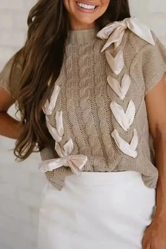 Chic Taupe Cable Knit Charm - Satin Bow Short Sleeve Sweater