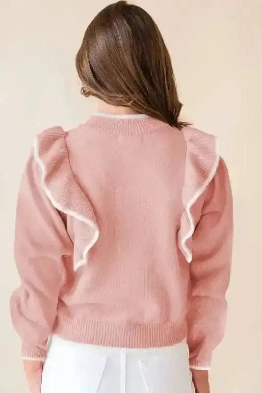Chic Blush Ruffle Bow Sweater