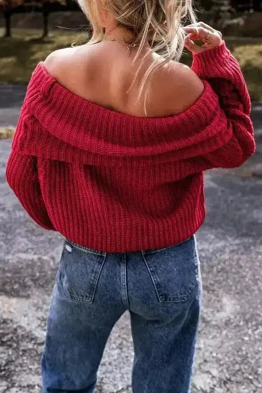 Crimson Cozy Shoulder-Bare Knit Sweater