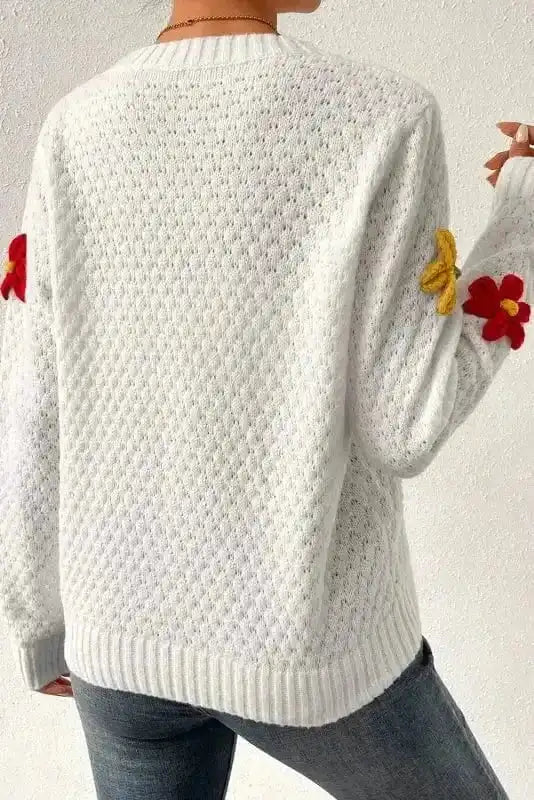 Flower Applique White Sweater