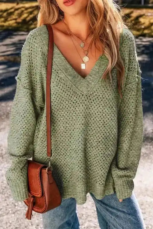 Chic Eyelet Charm - V-Neck Sweater