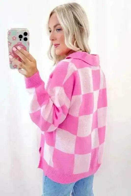 Oversized Jumper - Pink Checkered Half Button Collared