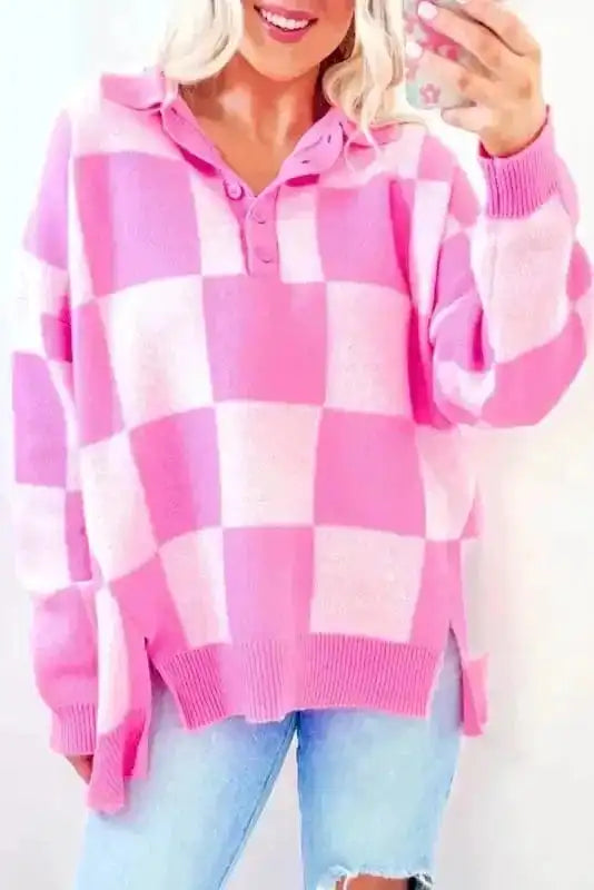 Oversized Jumper - Pink Checkered Half Button Collared