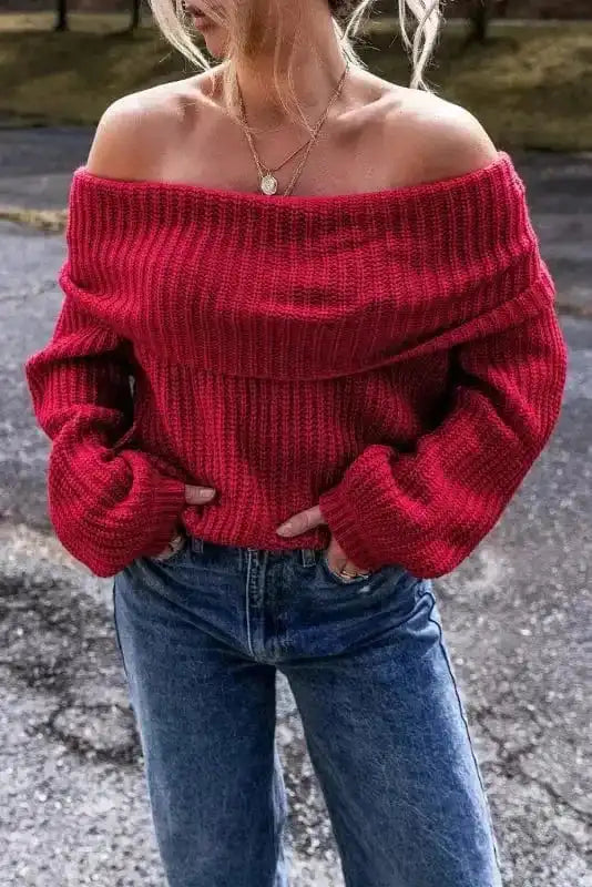 Crimson Cozy Shoulder-Bare Knit Sweater