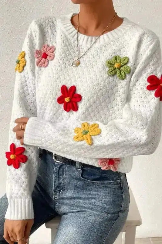 Flower Applique White Sweater