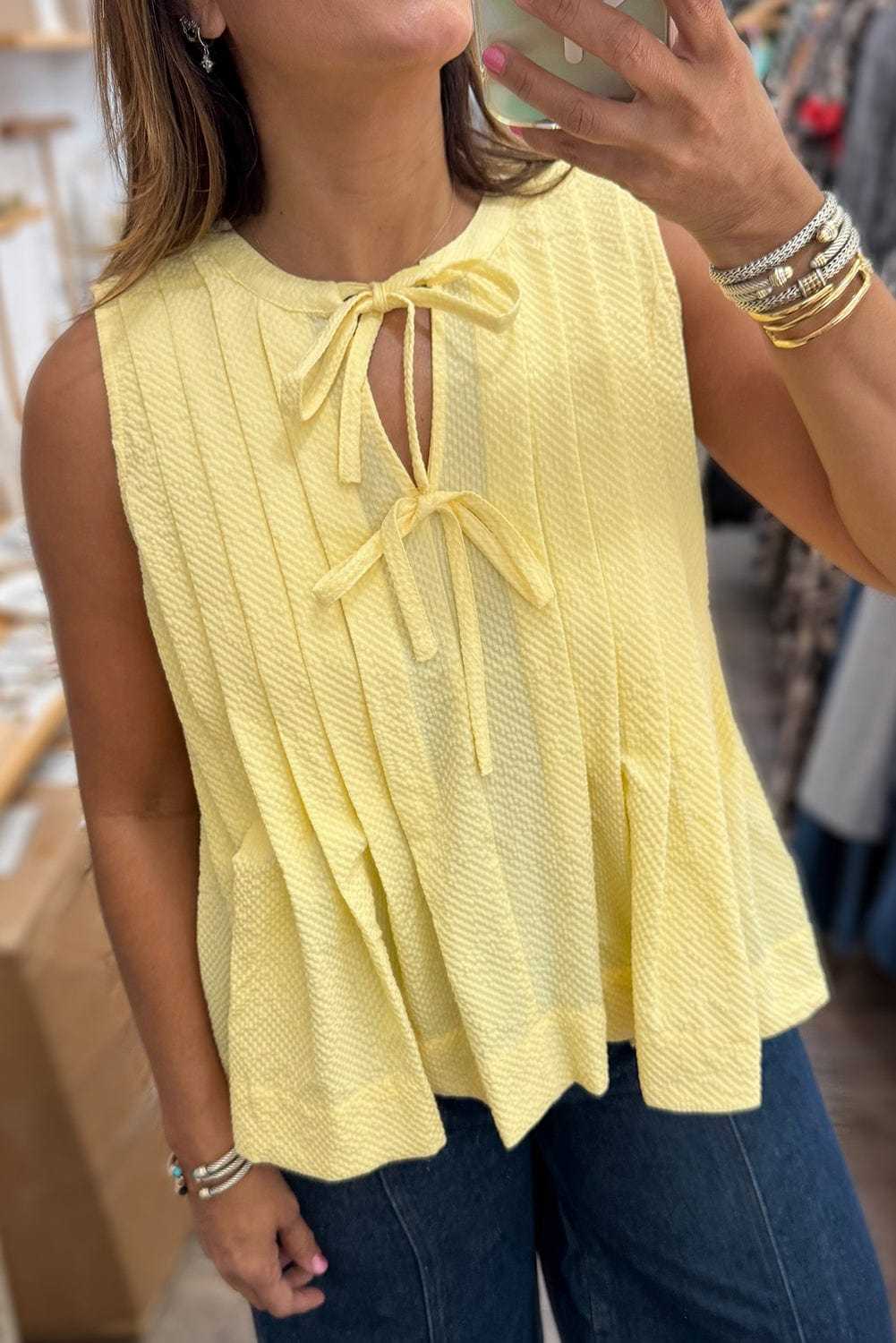 Fashionfitz Yellow Pleated Tank Top for Women