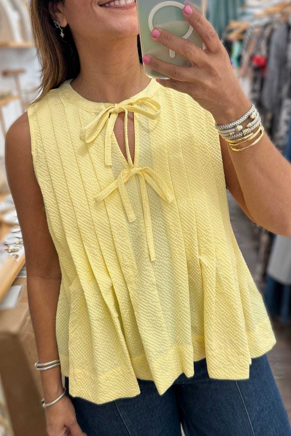 Fashionfitz Yellow Pleated Tank Top for Women