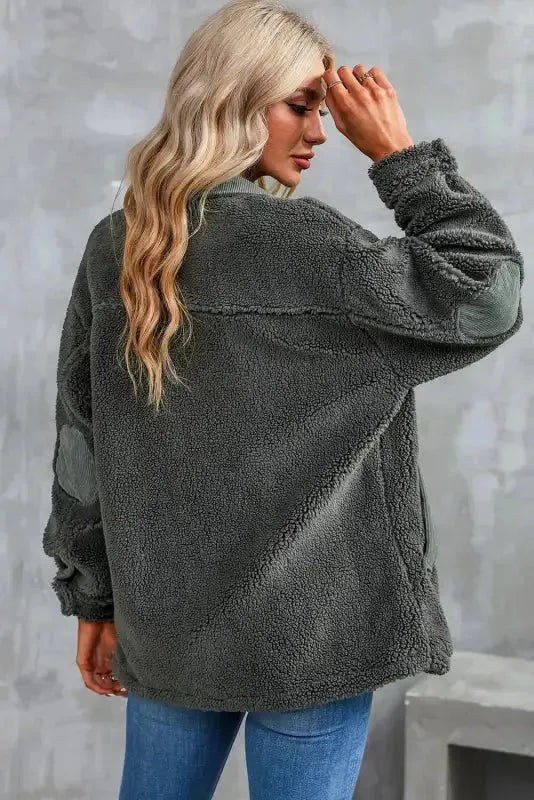 Gray Corduroy Trim Elbow Patch Sherpa Jacket