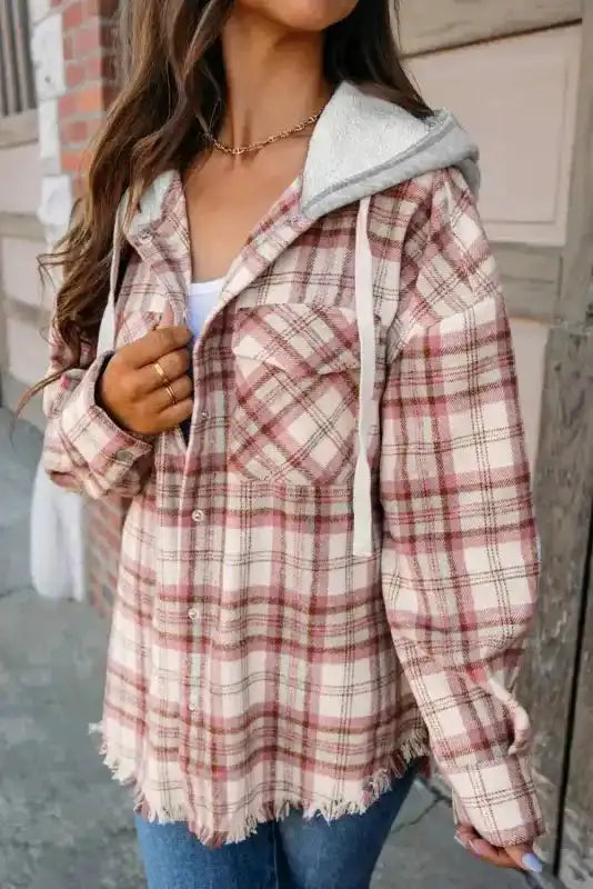 Trendy Multicolor Plaid Hooded Jacket with Raw Hem