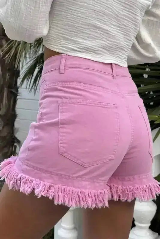 Pink Mid Rise Denim Shorts – Frayed Hem