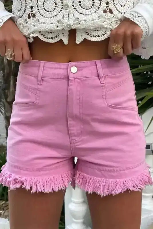 Pink Mid Rise Denim Shorts – Frayed Hem