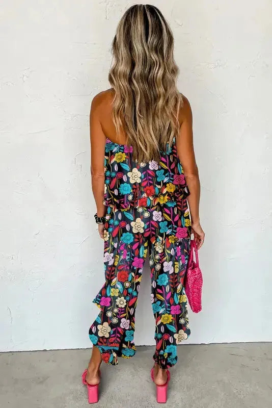 Red Mix Strapless Jumpsuit - Tropical Print Ruffled