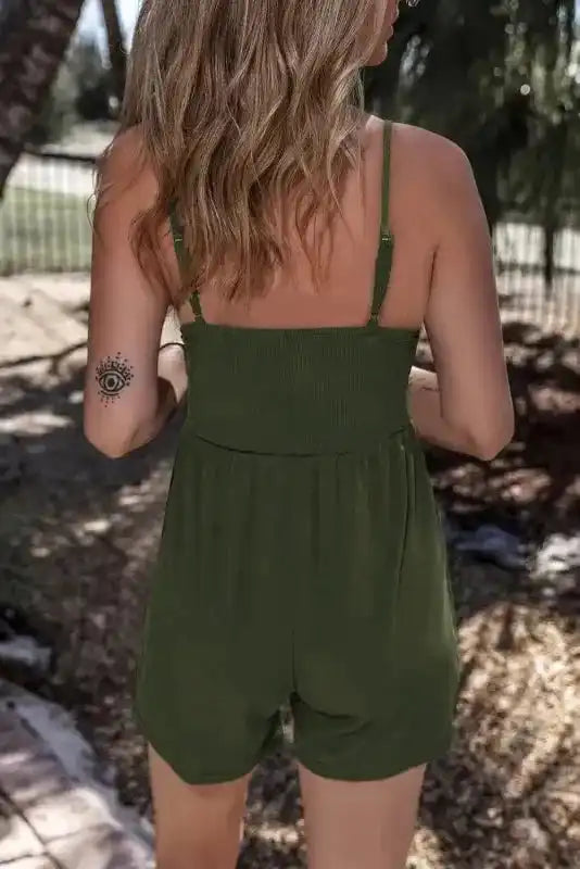 Ribbed Romper - Moss Green Spaghetti Straps