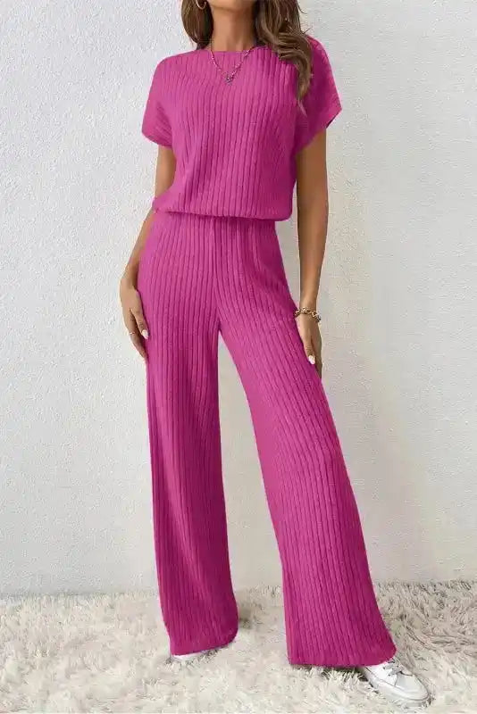 Ribbed Short Sleeve Wide Leg Jumpsuit - Rose-Red