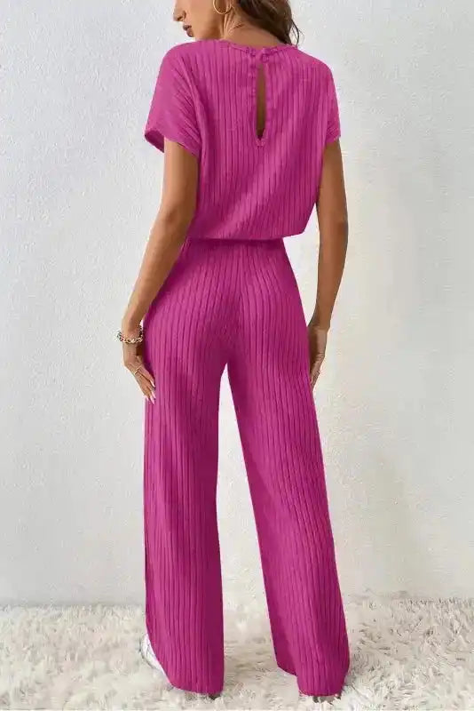 Ribbed Short Sleeve Wide Leg Jumpsuit - Rose-Red