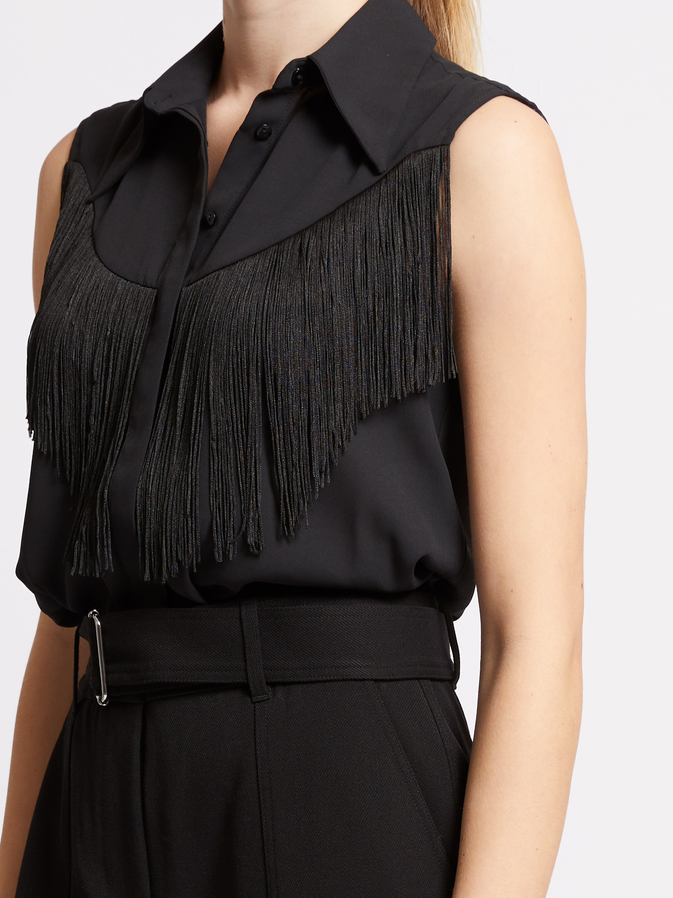 Mila Sleeveless Fringed Top - Black